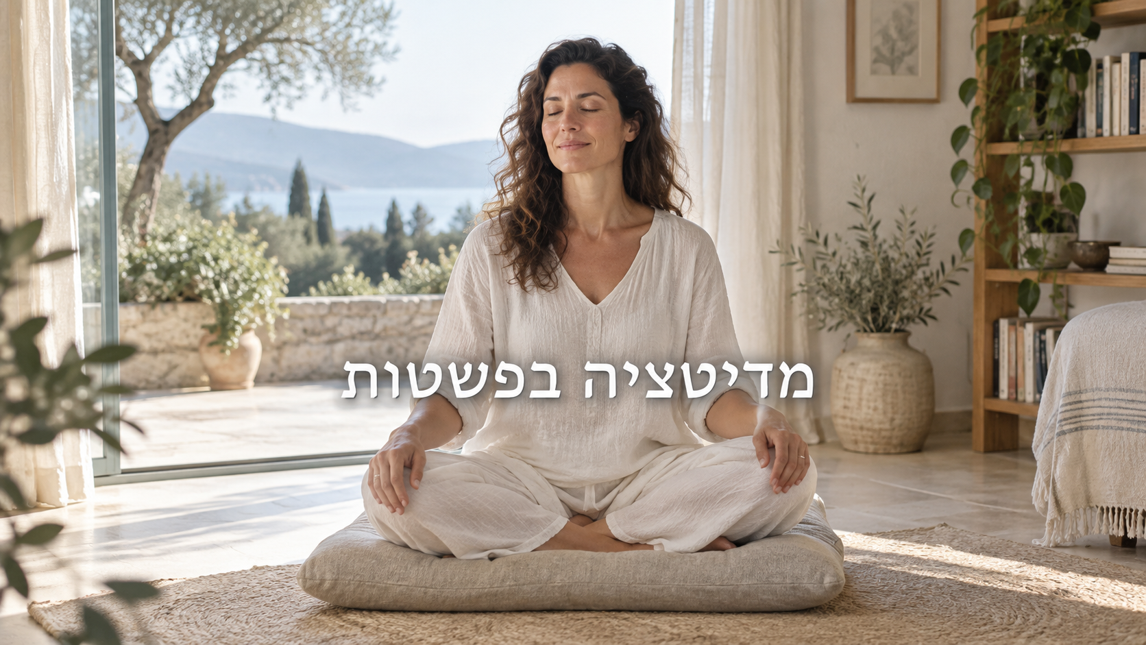 אישה מתרגלת מדיטציה בבית פתוח לטבע — מדיטציה בפשטות